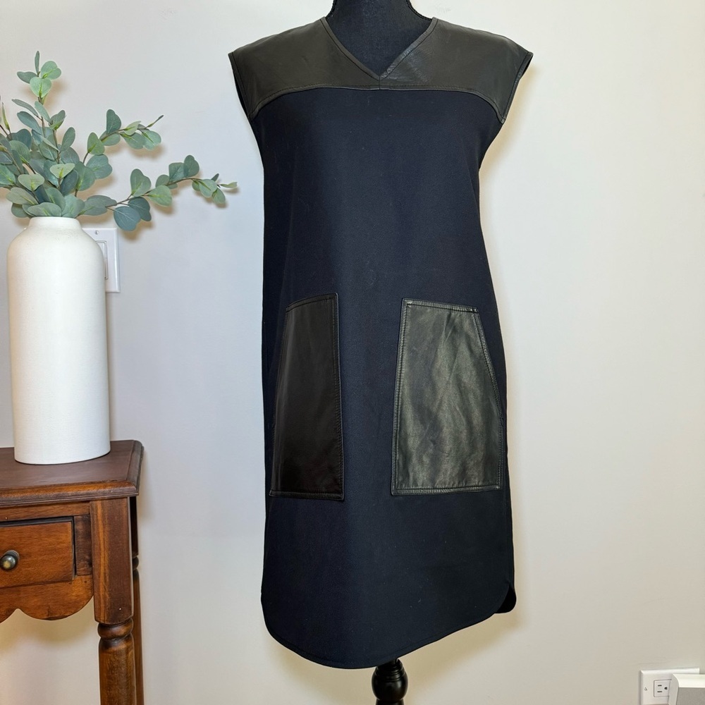 Madewell black twill shift dress with leather detail pockets size xs